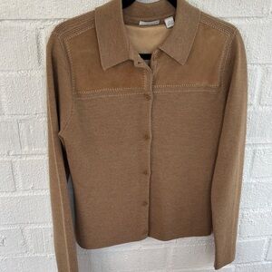 Halogen Vintage Leather Suede Tan Knit Button-Up Cardigan sz L